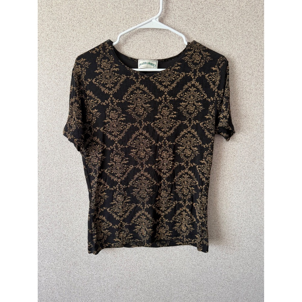 Frazier Lawrence Womens Black Gold Damask Print Short Sleeve Crew Neck‎ Top